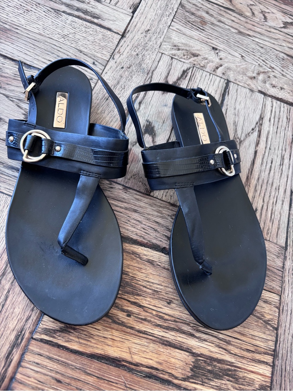 ALDO Black Leather Strappy Thong Sandals with Gold Buckle